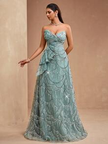 Elisanya AMILUCK 新款奢华高端亮片蕾丝腰部 3D 折扇装饰 A 字长裙，优雅正式晚宴礼服，适合婚礼宾客、新娘穿着 - 薄荷綠 - 查看 3