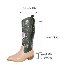 2025 Autumn/Winter New Retro High Heel Tall Boots For Women, Fashion Square Toe PU Leather Embroidered Thick Heel Riding Boots - Apricot - View 7