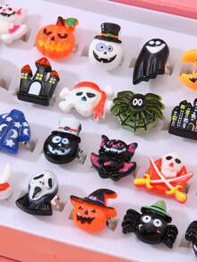 24 szt./pudełko, 24 szt. w kształcie serca, 24 szt. luzem, 12 szt. luzem zestaw pierścionków dekoracyjnych na Halloween, lampion z dyni, kapelusz czarownicy, duchy i inne dekoracje z żywicy, delikatna biżuteria na palec "cukierek albo psikus"