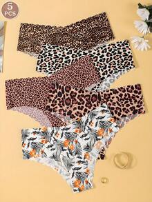 5件套女士无缝低腰性感豹纹比基尼内裤，舒适透气，适合健身和运动