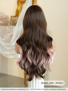 7JHH WIGS Long Wave Brown & Pink Highlight Wigs For Women - Loose Fluffy Wavy Curly Wig With Bangs, Full Machine High Density Synthetic Heat Resistant Fiber Hair Purple Red Wigs For Daily Wear,Halloween Cosplay & Music Festival Party Use 26 Inch - 挑染粉色 - 查看 5