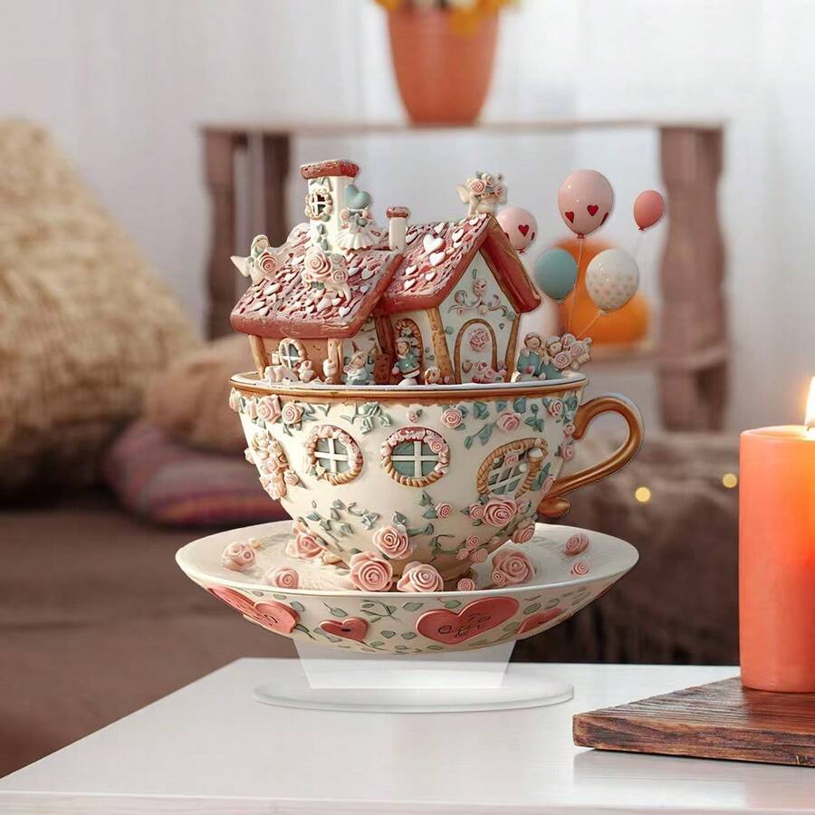 لوحة إشارة وشارة بشكل كوب على طراز بوهيمي مصنوعة من الأكريليك على شكل بيت من الزنجبيل - ديكور مكتبي للكريسماس، متعدد الاستخدامات، بدون نص، مناسب للمنزل والمقهى ومكتب العمل والديكور الجداري في غرفة النوم