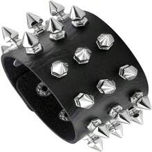 Unisex Rivet Bracelet, Punk Rock Biker Wide Band Leather Bracelet, Black Metal Rivet Bracelet, Leather Cuff Bracelet, Punk Rock Leather Wristband, Faux Leather Bracelet, Gothic Viking Bracelet, Adjustable Bracelet - 黑色 - 查看 2