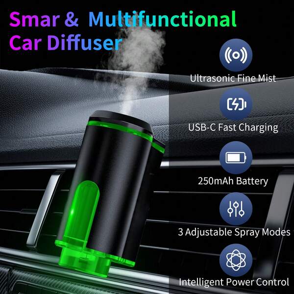 Difusor de ambientador de coche inteligente - Luz ambiente interior del coche. Este ambientador de coche tiene 3 niveles de ajuste automático, tres fragancias diferentes y encantadoras. Producto de fragancia de coche de moda con tres aromas diferentes, adecuado para todos los vehículos, y siempre hay uno que se adapta a usted independientemente del género. Dura 60 días y tiene 3 luces ambiente de colores para alegrar el ambiente del interior del coche. Es un pequeño regalo talla grande vendido en Europa y América.