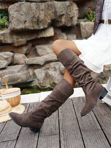 秋冬女装时尚仿麂皮尖头过膝长靴，咖啡棕色及膝长靴，褶皱设计慵懒风长靴，简约别致百搭礼服靴，中跟粗跟过膝长靴，派对靴 - 咖啡棕 - 查看 5