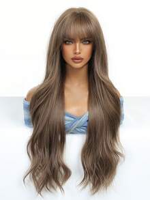 28 Inch Brown Wig Long Curly Wig With Bangs Natural Appearance Heat-Resistant Synthetic Wig Suitable For Fashionable Women,Daily Party Holiday Travel Use, Natural And Realistic False Hairpiece For Halloween And Christmas New Year Carnival Music Festival Cosplay ,Gifts For Girls,Summer Graduation Gifts,Ready-Made Gifts,Halloween Christmas Gifts - 棕色 - 查看 3