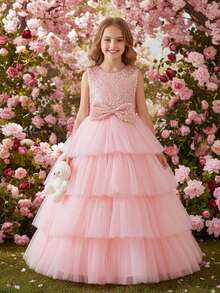 Girls Sequin Princess Dress Layered Tulle Ball Gown With Big Bow Back Formal Flower Girl Dress For Birthday Party Wedding Pageant Evening Occasion - 珊瑚粉 - 查看 1