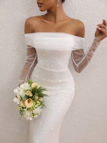 Love Aing White Off-Shoulder Mesh Sleeve Backless Sequin Maxi Dress For Wedding Party - White - View 9