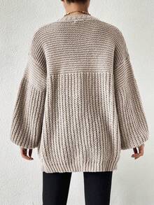 Plus Size Long Sleeve Thigh Length Knitwear Cardigan, Cozy And Stylish With Slight Stretch For Comfortable Wear