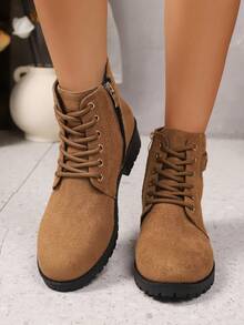 Lace-Up Side Zipper Casual Decorative Button Design Versatile Ankle Boots