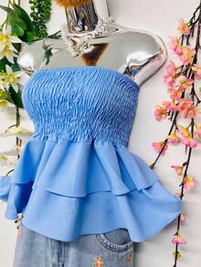 T110Cropped Elastic Blouse With Ruffle - Babyblau - Übersicht 4