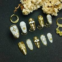 10pcs Gold 3D Decorative Press On Nails Handmade Acrylic French Y2K Style Milky White Nude Color Almond Full Coverage Fake Nail Set With Pearl Star Bow Moon Eye Cross Details Luxury Cute Press On Nails For Valentine's Day Gifts Easter Party Wedding Daily Wear Comes With Mini Nail File And Double Sided Adhesive Tabs - 白色 - 查看 1