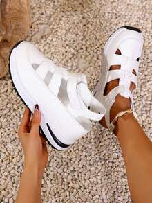 1 Pair Women's Thick Heel Sandals, Round Toe, Solid Color, Hollow Design, Hook And Loop Closure, Comfortable Casual Summer Wear, Suitable For Outdoor Walking, Sports, Shopping, Vacation, Beach And Various Occasions