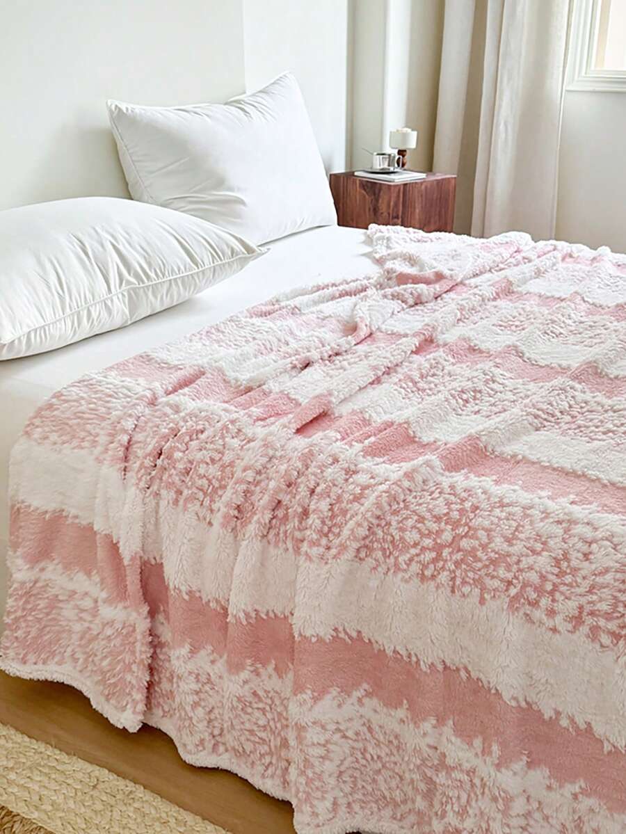 1pc Double-Sided Thick Jacquard Striped Blanket, Modern Polyester Fiber 3D Jacquard Blanket, Suitable For Bed, Sofa, Living Room, Nap, Washable, Winter