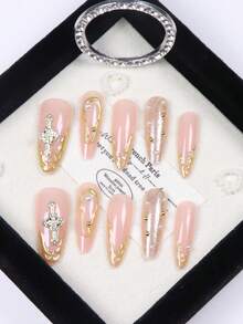 Bộ 10 móng tay giả thủ công phong cách Y2K, móng giả hình hạnh nhân, móng giả mạ vàng, móng acrylic trắng ngọc trai họa tiết hình chữ thập, kèm 1 dũa móng và 1 bộ keo dán móng, thích hợp làm quà tặng cho bé gái, mẹ và phụ nữ, bộ dụng cụ làm móng trắng sáng, móng giả có thể tháo rời dùng cho các dịp lễ, tiệc tùng, hẹn hò và sử dụng hàng ngày. - Vàng - Xem 3