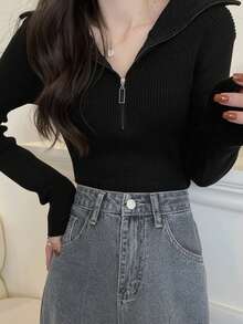 女式修身百搭拉链半领长袖针织毛衣上衣 - 黑色 - 查看 8