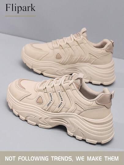 Flipark 1 par de zapatillas deportivas gruesas de suela gruesa en color caqui. Elevadoras y estilizadoras + silueta, zapatos versátiles imprescindibles para mujer para el estilo callejero, zapatillas deportivas ligeras y de moda para estudiantes