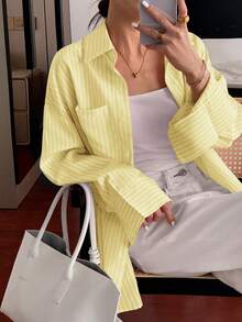 Look Polly Women's Christmas Halloween Striped Long Sleeve Shirt,Single Breasted Casual Fashion, Fall Women Clothes, Pocket Design, Back To School Clothes, Old Money Style Women Striped Shirt Outfit Winter Clothesshirt Butter Yellow Shirt