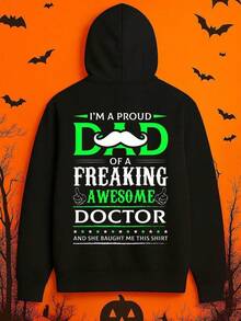1pc Men'S Funny Medical Humor Hooded Sweatshirt - Proud Dad Of A Freaking Awesome Doctor Graphic, Black With Green Lettering, Outdoor Jogging & Fitness Training, Dad Gift From Daughter, Sweats (2),Fall Hoodies,Men's Fall Clothes,Street Wear,Halloween,Mens Hoodies,Y2k Clothes,Jesus Hoodie,Thanksgiving Day,Nightmare Before Christmas,Christmas - 黑色 - 查看 1
