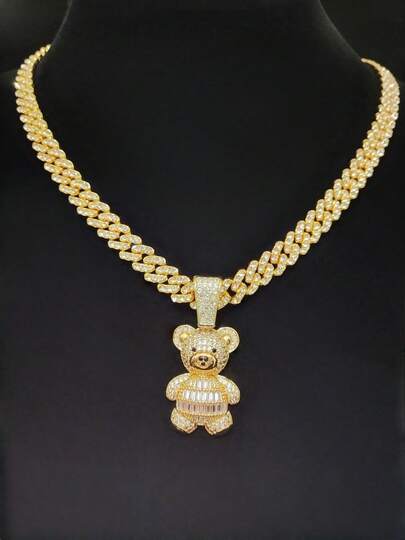 1pc Fashionable Cubic Zirconia Bear Shaped Pendant & 9mm Alloy Rhinestone Cuban Link Chain Necklace, Unisex Hip Hop Rock Street Style Bear Animal Pendant Necklace, Punk Necklace, Suitable For Daily Wear Or Parties, Valentine's Day Gift