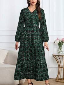 Spring Women's Floral Print Bohemian Style Long-Sleeved Maxi Dress. 2025 New Year Fashion Loose Autumn Black And Green Dress, Belled Summer Vacation Casual Dress, Elegant Party Beach Graduation Fashionable Evening Valentine's Day Dress.