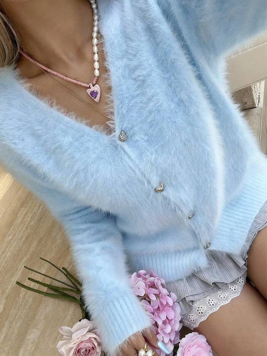 Women's Baby Blue Solid Color Elegant Vintage Casual Romantic Knitted Button Faux Fur Collar Long Sleeve Cardigan V-Neck Sweater, Suitable For Tea Party, Back To School, Party, Date Night, Daily Wear, Travel, Early Spring, All Season - Baby Blue - View 1