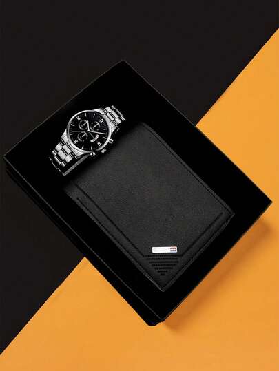 Estuche de regalo, regalo de boda, regalo de cumpleaños, regalo de Navidad, regalo para amante, padre, maestro, reunión anual de la empresa, empleado, reloj de cuarzo de moda clásica para hombres de negocios + billetera + estuche de regalo