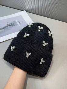 1顶男女通用手工针织帽，饰以水钻和兔毛，闪亮休闲针织帽，适合秋冬季节，圣诞礼物 - 手工兔子仿鑽石兔毛針織帽 - 查看 8