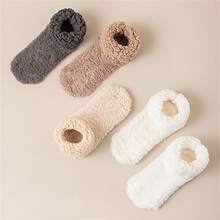 2 双舒适女士毛绒拖鞋 - 纯色涤纶针织面料，毛边，防滑羊羔绒保暖袜，适合冬季睡衣 - 彩色 - 查看 6