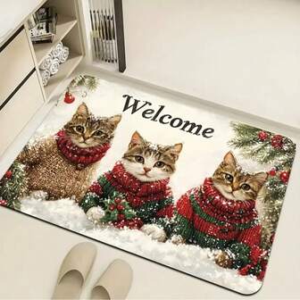 1pc Silica Gel Carpet Mat, Christmas Atmosphere, Cute Kitten Design, Suitable For Entryway, Bathroom, Laundry Room, Quick Drying & Absorbent Kitchen Rug