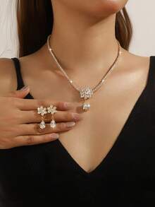 3pcs Zirconia Flower Design Elegant Necklace, Earrings Jewelry Set, Suitable For Daily, Bridal, Wedding, Party