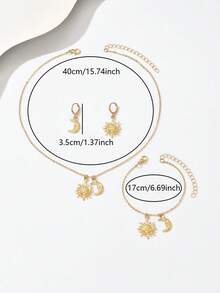 1 Set Damen Vintage modischer Metall Sonne & Mond Kombinations-Armband, Halskette, Ohrringe, kreativ & vielseitig für den täglichen Gebrauch