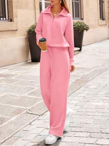 Women's 2 Piece Outfits Casual Lapel Half Zip Sweatshirts And Wide Leg Pants Tracksuit Sets Vacation Spring  Fall Outfits For Women - 粉色 - 查看 4