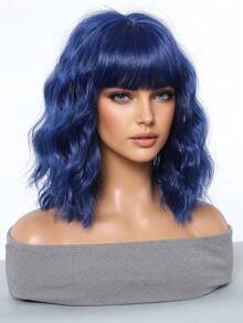 Ombre Blue Short Wavy Wig With Bangs For Lolita Role Play, Platinum Blonde Bob Style, Heat Resistant Synthetic Wig, Suitable For Women's Daily And Party Wear - 藍色 - 查看 4