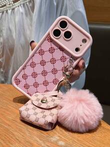 Old Money Style 1pc Matte Finish Phone Case Suitable For Women, Fluffy + Bluetooth Earphone Storage Pouch, Phone Protective Cover With Ring Holder & Keychain Plush Ball, Pink-Black, Compatible With IPhone 17/11/16/15/14/13/12/16 Pro Max, Phones - Pink - View 4