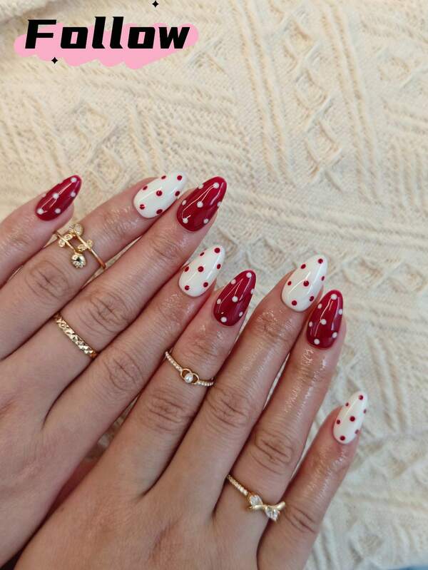 10pcs Red Almond Handmade Press-On Nails,Fall Short Nails,Fake Nails,Christmas Winter Nails,Milky White Nails,Polka Dot Nails,Cute,Nail Supplies,Suitable For Women's Parties, Dances, Daily Casual Wear