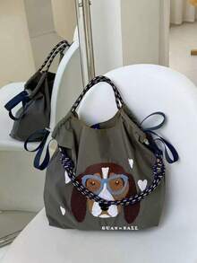 1 件新款休闲毛巾刺绣比格犬图案大容量尼龙手提包，适合派对、旅行、购物和海滩使用