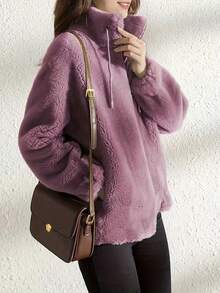 Plush Jacket With Drawstring, Casual Long-Sleeved Jacket With Zipper - 紫色 - 查看 3