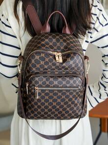 女士复古背包，新款时尚百搭 PU 格子学生单肩包旅行包 - 棕色 - 查看 4