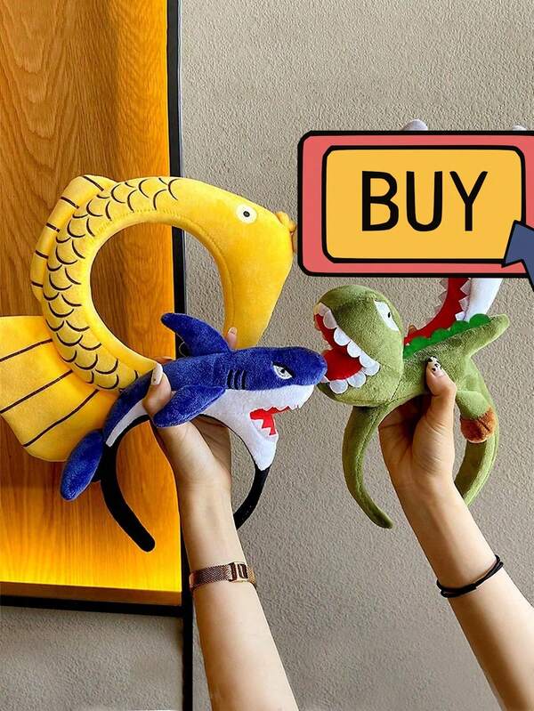 1PC Plush Animal Headbands For Adults, Funny Shark Dinosaur Headband, Costume Party Headwear, Novelty Hair Accessories For Halloween Cosplay And Photo Props ,Makeup ,Hair Hair Hoop