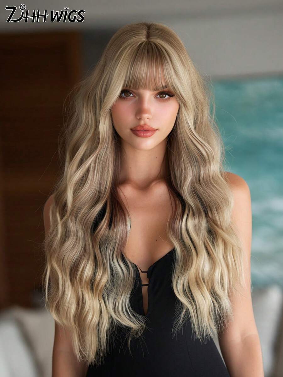 7JHH WIGS Long Wave Ash Blonde Highlight Wigs For Women - Loose Fluffy Wavy Curly Wig With Bangs, Full Machine High Density Synthetic Heat Resistant Fiber Hair Wigs For Daily Wear,Halloween Cosplay & Music Festival Party Use 26 Inch - 亞麻金 - 查看 1