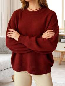 Women's Long Sleeve Sweaters Solid Color Crew Neck Loose Fit Pullover Knit Tops For Fall Winter - Burgundy - View 3