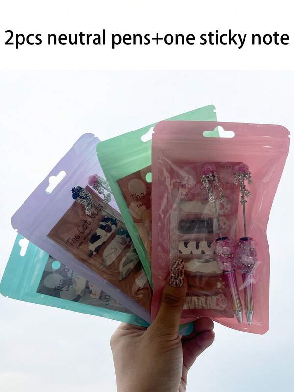 3 Stück Schul-Neutral-Stifte + Haftnotizen Set, inklusive süßem Katzen Notizblock, mittlere Spitze, inspirierendes Zitat Design, strapazierfähige Schreibwerkzeuge, geeignet als Geschenk, für Schule, Büro, Studenten, Angestellte