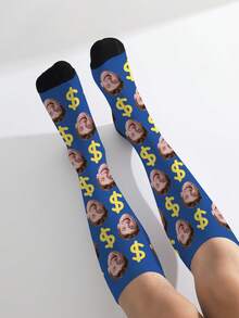 1 Pair Customized Face Socks, Customized Photo Socks, Customized Printed Socks, Print Any Face On Socks, High-Quality Men's Socks Suitable For Anniversary Gifts, Halloween, Christmas, Unique Gifts For Brides, Gifts For Boyfriends, Couples Dollar Pattern Printed Socks, Women's Knee-High Socks, New Thick Long Socks For Autumn/Winter, Calf Socks