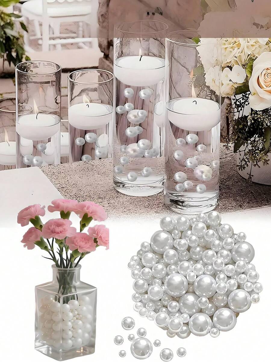 300颗仿珍珠花瓶填充物 - 家居装饰，适用于婚礼、生日、圣诞节和DIY手工 - 非常适合用作蜡烛中心装饰、餐桌中心装饰和派对装饰 | 优雅的桌面装饰 | 耐用塑料材质，圣诞节最佳选择，婚礼完美之选 - 彩色 - 查看 1