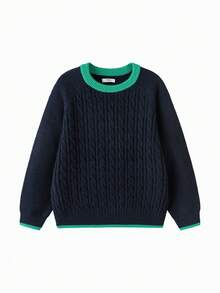 Balabala Tween Boy Winter Contrast Trim Sweater 2025, Knit Base Layer, Matching - Blue-green Hue - View 4