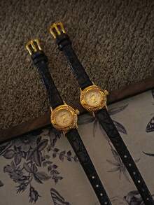 1 New French Retro Engraved Pattern Gold Small Dial Women's Watch, Elegant And Fashionable, Exquisite And Compact Waterproof Ladies Quartz Watch With Soft And Comfortable Watch, Suitable For Daily Wear, Dinner And Other Occasions To Decorate The Wrist