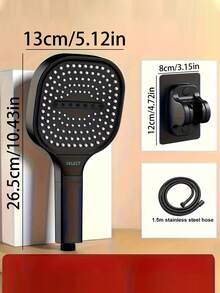 3件套高压方形手持花洒（带过滤器）、壁挂式塑料按摩花洒、节水雨淋花洒、3种模式和可调节喷嘴按钮、防堵塞喷嘴、节水方形设计、现代简约风格 - 黑色 - 查看 4