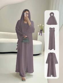 Lace Trim Open Front Robe Set, Includes Sleeveless Lining Dress And Chiffon Scarf - Lightweight, Elegant, Breathable, Suitable For Spring/Summer - Purple - View 2