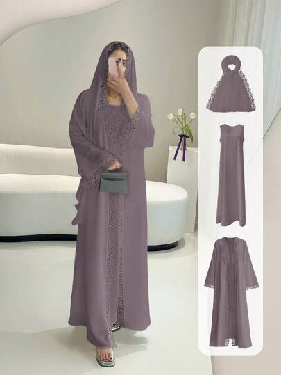 Lace Trim Open Front Robe Set, Includes Sleeveless Lining Dress And Chiffon Scarf - Lightweight, Elegant, Breathable, Suitable For Spring/Summer